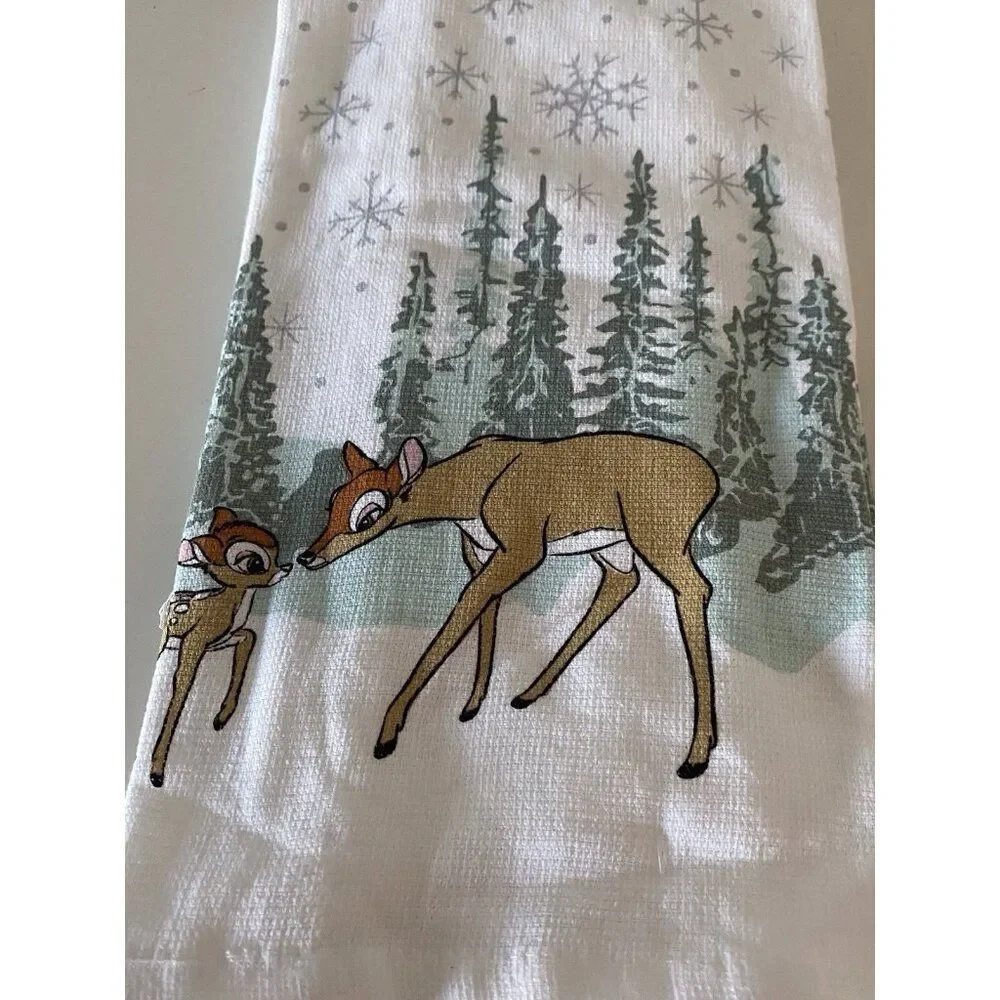Set‎ Of 2 Disney Kitchen Towels Bambi and Mother Winter Pine Trees Holiday NEW